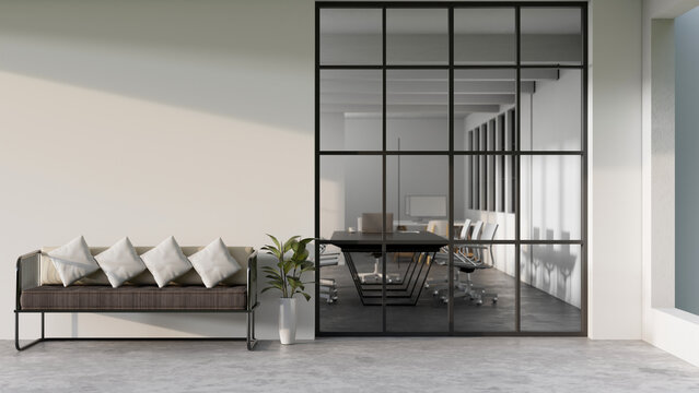 Modern loft office corridor or hallway interior with sofa and a large window with meeting room