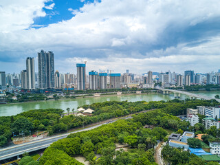 Naklejka premium City buildings and river bank landscape in Nanning, Guangxi, China