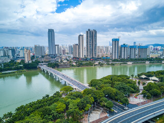 City buildings and river bank landscape in Nanning, Guangxi, China