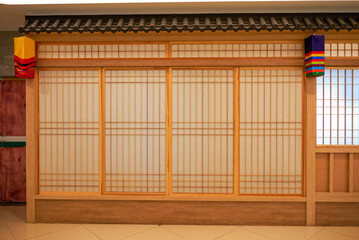 Japanese and Korean style wooden building facade close-up