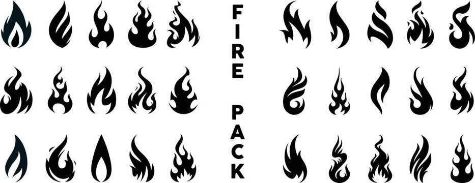 fire flat icon set. flame of various shapes. Bonfire vector illustration. Fire flame symbol. Bonfire silhouette logotype. Flames symbols set flat style