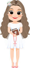 First Communion For Girls or Girl Holding a Bible and a Rosary for religious holidays