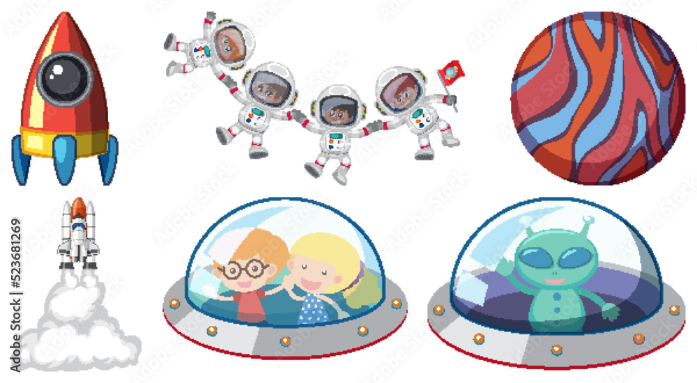 Wall mural set of space cartoon characters and objects