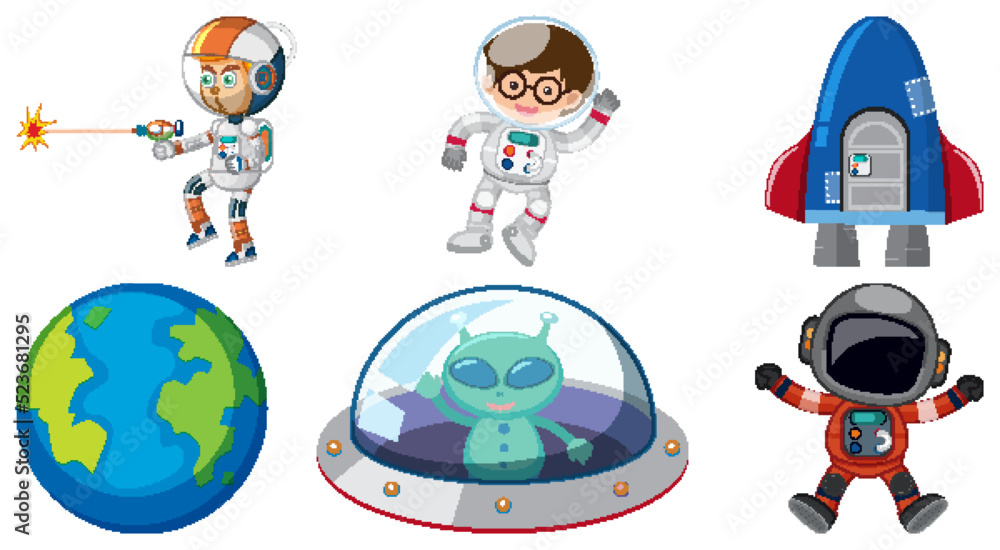 Wall mural set of space cartoon characters and objects