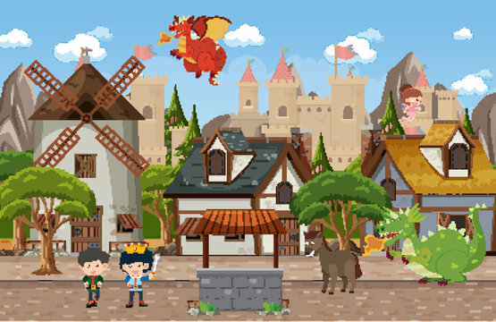 Medieval village scene castle background