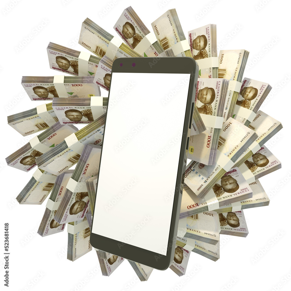 Poster 3d rendering of nigerian naira notes behind mobile phone. smartphone or mobile phone with stack of b