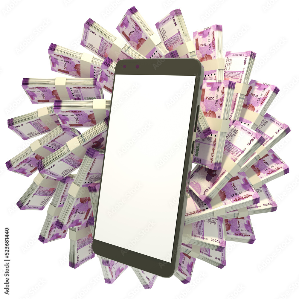 Poster 3d rendering of indian rupee notes behind mobile phone. smartphone or mobile phone with stack of ban