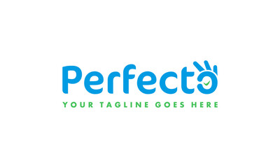 vector graphic logo design, logotype typography logo perfecto with the letter o as the pictogram, okay hand sign