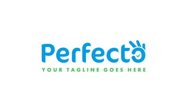 vector graphic logo design, logotype typography logo perfecto with the letter o as the pictogram, okay hand sign