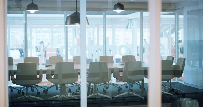 Advert for empty conference or boardroom with a modern interior, neat and ready for a meeting. Office space available for networking, presentation or marketing in board room or professional setting
