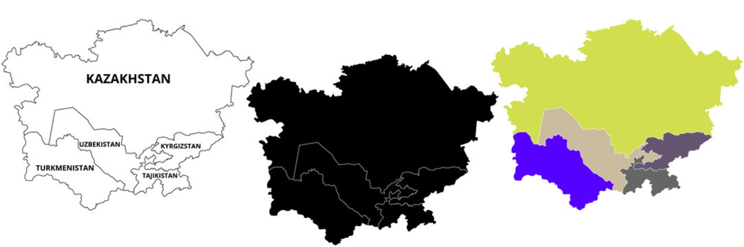 map of 5 country of central Asia tajikistan uzbekistan kazakhstan turkmenistan kyrgyzstan set