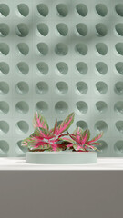 Geometrical shape green wall 3d rendering template mockup empty podium in portrait with aglaonema