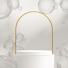 Square layout 3d rendering mockup template white podium with float bubble and gold arch