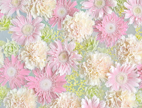 Relief of gerbera and carnations. Ceramic plate style. 3D illustration. 3D render