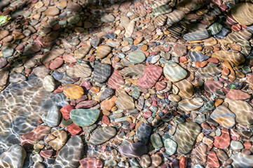 Rainbow multi-colored rocks in Avalanche creek leading towards Lake McDonald at Glacier National Park, Montana, USA