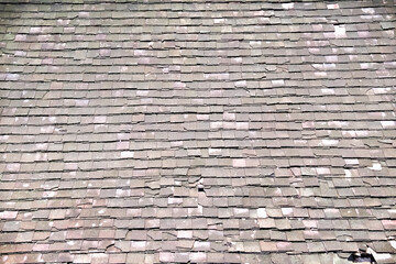 Old tile roof with decay and broken on background