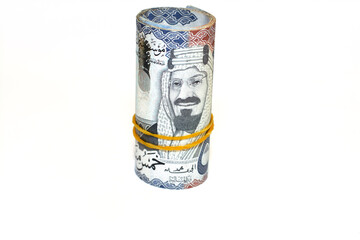500 Five hundred Saudi Arabia money roll riyals banknotes isolated on white background, Saudi...