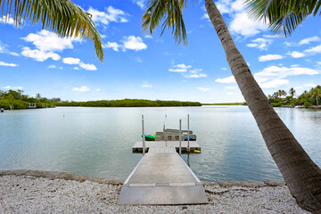 Dock on the Bay in Sanibel Island, Florida with Palm Trees and Mangroves Surrounding