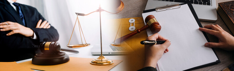 Justice and law concept. Gavel on sounding block in hand's Male judge at a courtroom, working with...