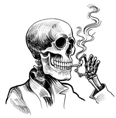 Human skeleton smoking marijuana joint. Ink black and white drawing