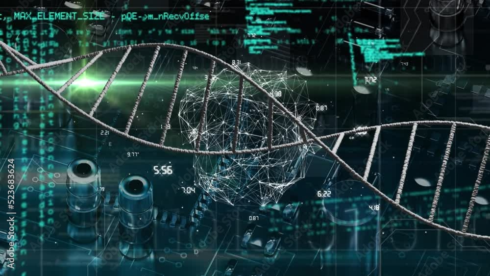 Poster animation of dna structures and data processing against close up of a motherboard