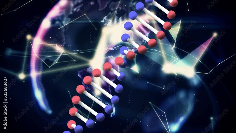Poster animation of spinning dna structure over globe of plexus networks against grey background