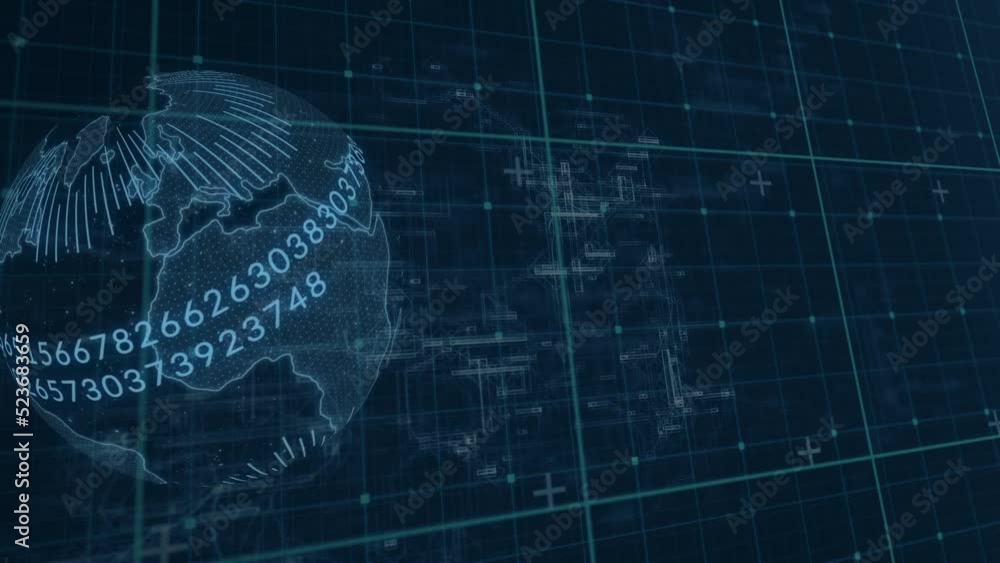 Poster animation of spinning globe and data processing against blue background