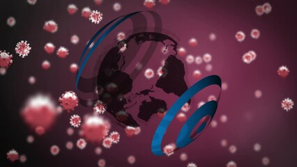 Animation of spinning globe over multiple covid-19 cells against purple background - Powered by Adobe