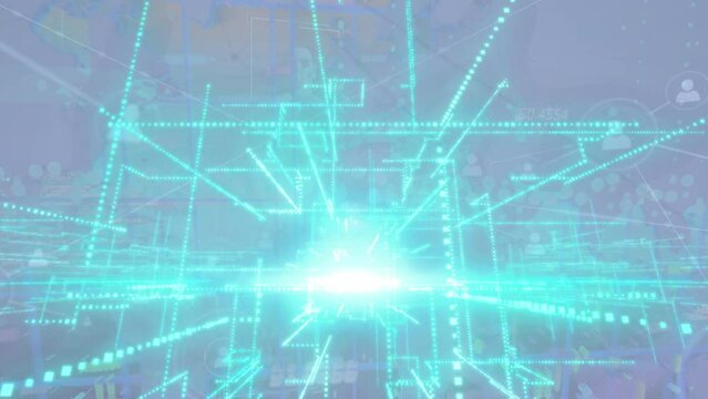 Animation of glowing green light trails over data processing and world map against grey background