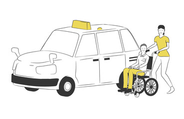 車椅子でタクシーに乗る人のシンプルなイラスト
