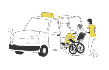 車椅子でタクシーに乗る人のシンプルなイラスト