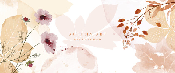 Fototapeta na wymiar Autumn foliage in watercolor vector background. Abstract wallpaper design with leaf branch, flowers, line art. Elegant botanical in fall season illustration suitable for fabric, prints, cover. 