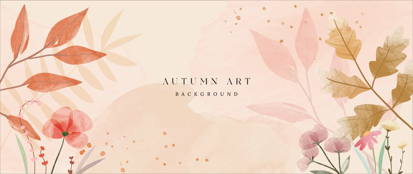 Autumn foliage in watercolor vector background. Abstract wallpaper design with leaf branch, flowers, line art. Elegant botanical in fall season illustration suitable for fabric, prints, cover. 