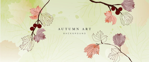 Autumn foliage in watercolor vector background. Abstract wallpaper design with leaf branch, fruit, berry. Elegant botanical in fall season illustration suitable for fabric, prints, cover. 
