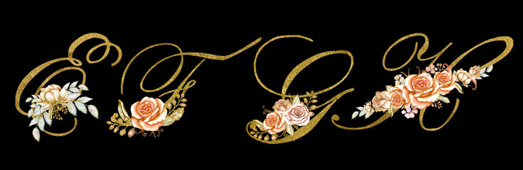 Gold alphabet collection with boho watercolor flowers of beige peach roses, leaves and twigs on a black background. Monogram initials perfect for a wedding invitation, greeting card, logo, poster.