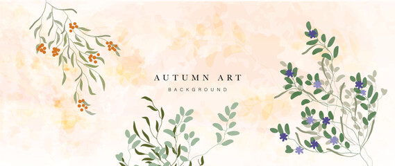 Autumn foliage in watercolor vector background. Abstract wallpaper design with leaf branch, fruit, berry, flower. Elegant botanical in fall season illustration suitable for fabric, prints, cover. 