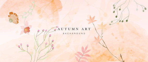 Autumn floral in watercolor vector background. Abstract wallpaper design with maple, flowers, wildflowers. Elegant botanical in fall season illustration suitable for fabric, prints, cover. 