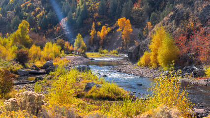 Provo river landscape with colorful fall foliage in Utah.
