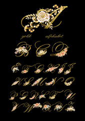 Gold alphabet collection with boho watercolor flowers of beige peach roses, leaves and twigs on a black background. Monogram initials perfect for a wedding invitation, greeting card, logo, poster.