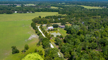 Rural Land with Homes with Aerial View from a Drone in Florida