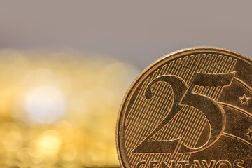 Close up view of 25 Centavos Brazilian coin.