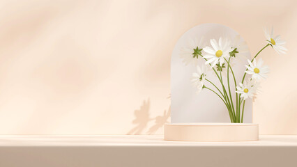 3d render mockup template of light tan podium in landscape with white daisy flowers