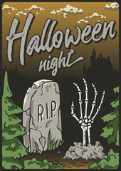 Halloween party poster with skeleton hand, eye and cemetery. October autumn scary banner