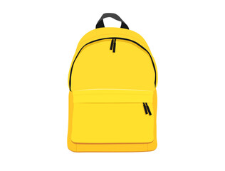 Vector yellow backpack isolated on white background. Back to school flat illustration. Basic urban bag. Travel hand luggage. Kids school bag template. Child studying colorful fabric canvas backpack - obrazy, fototapety, plakaty
