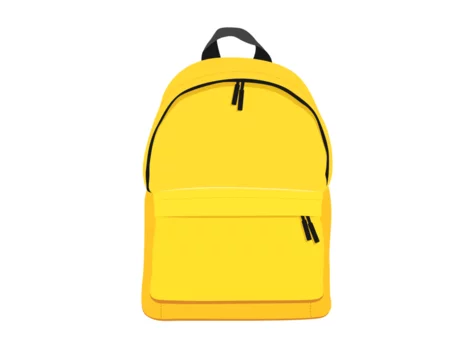 Vector yellow backpack isolated on white background. Back to school flat illustration. Basic urban bag. Travel hand luggage. Kids school bag template. Child studying colorful fabric canvas backpack St...