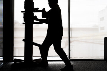 Fototapeta na wymiar Silhouette of a fighter Wing Chun and wooden dummy on a background. Wing Chun Kung Fu Self defense