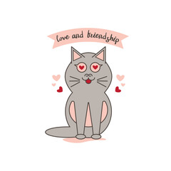 Cute friendly kitten with hearts loveable, romantic or fluttering expression vector design isolated for t-shirt, postcard, printable valentines day, love and friendship day, banner, gift card poster