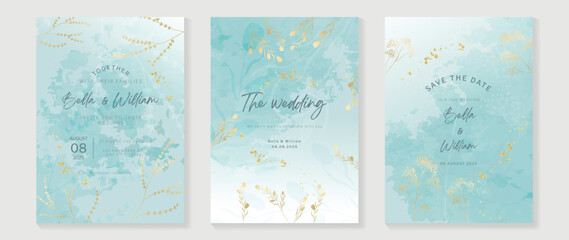 Luxury botanical wedding invitation card template. Watercolor card with wildflowers, blue color, leaves branches, foliage. Elegant blossom vector design suitable for banner, cover, invitation. 