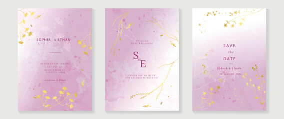 Luxury botanical wedding invitation card template. Watercolor card with wildflowers, pink color, leaves branches, foliage. Elegant blossom vector design suitable for banner, cover, invitation. 