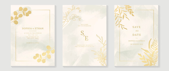 Fototapeta na wymiar Luxury botanical wedding invitation card template. Watercolor card with eucalyptus, leaves branches, foliage in minimal style. Elegant blossom vector design suitable for banner, cover, invitation.